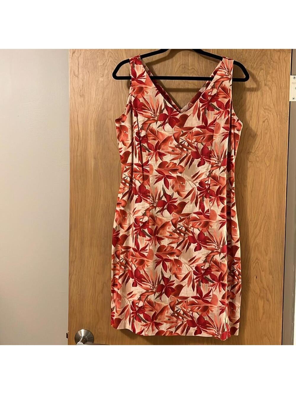 Studio Ease Linen Blend Tropical Floral Shift Dress Coral Red Size 10 - Picture 2 of 5